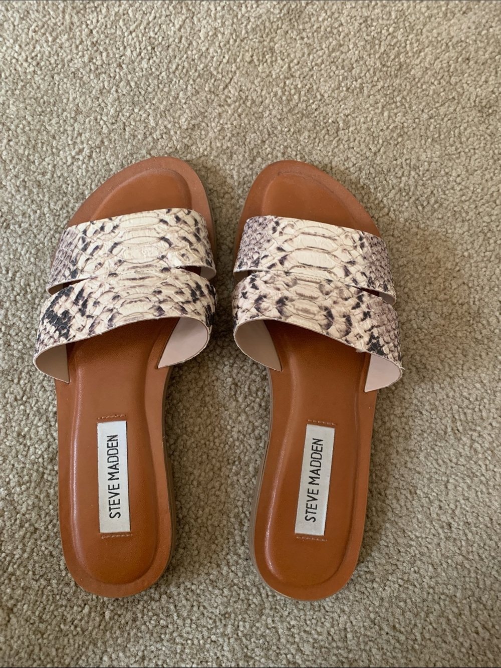 Steve Madden Tan & Snake-Print Slide Sandals